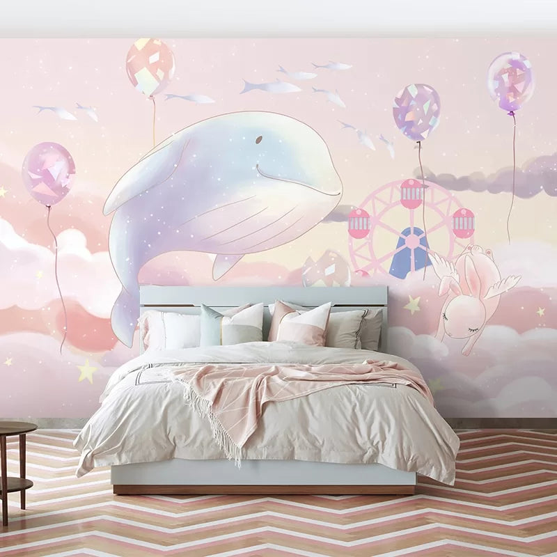Child&#39;s wallpaper with a fantasy whale and rabbit in the clouds