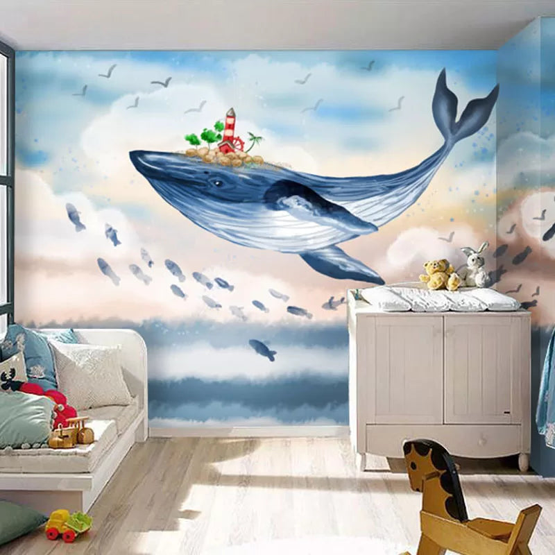 Child&#39;s wallpaper with a whale and flying fish