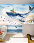 Papier peint enfant avec une baleine et un poisson volant
