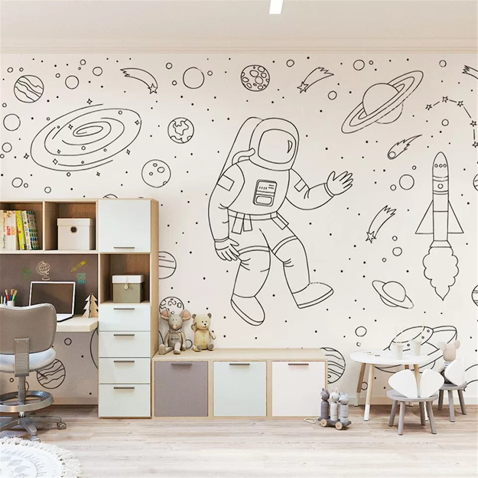 Child&#39;s black and white astronaut wallpaper
