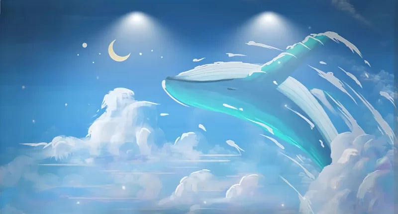 Child&#39;s wallpaper with a blue whale in the nighttime clouds