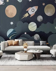 Child's wallpaper with planets and rockets