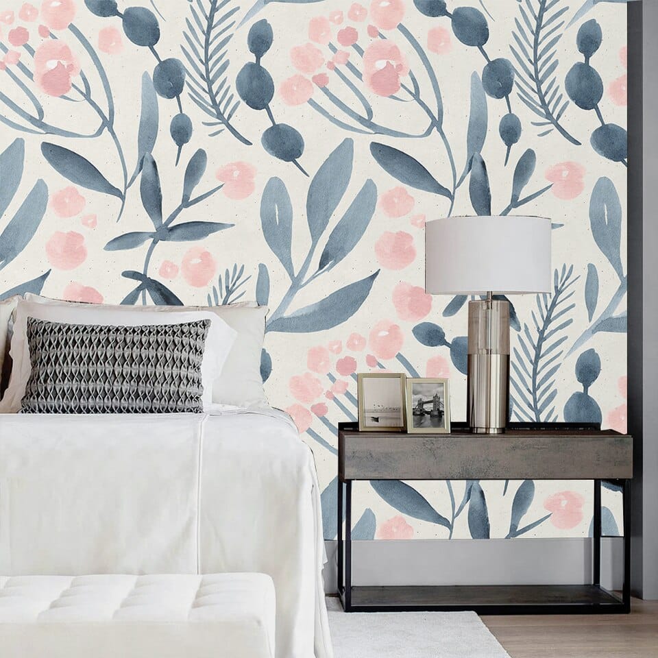 Floral wallpaper blue - pink and white