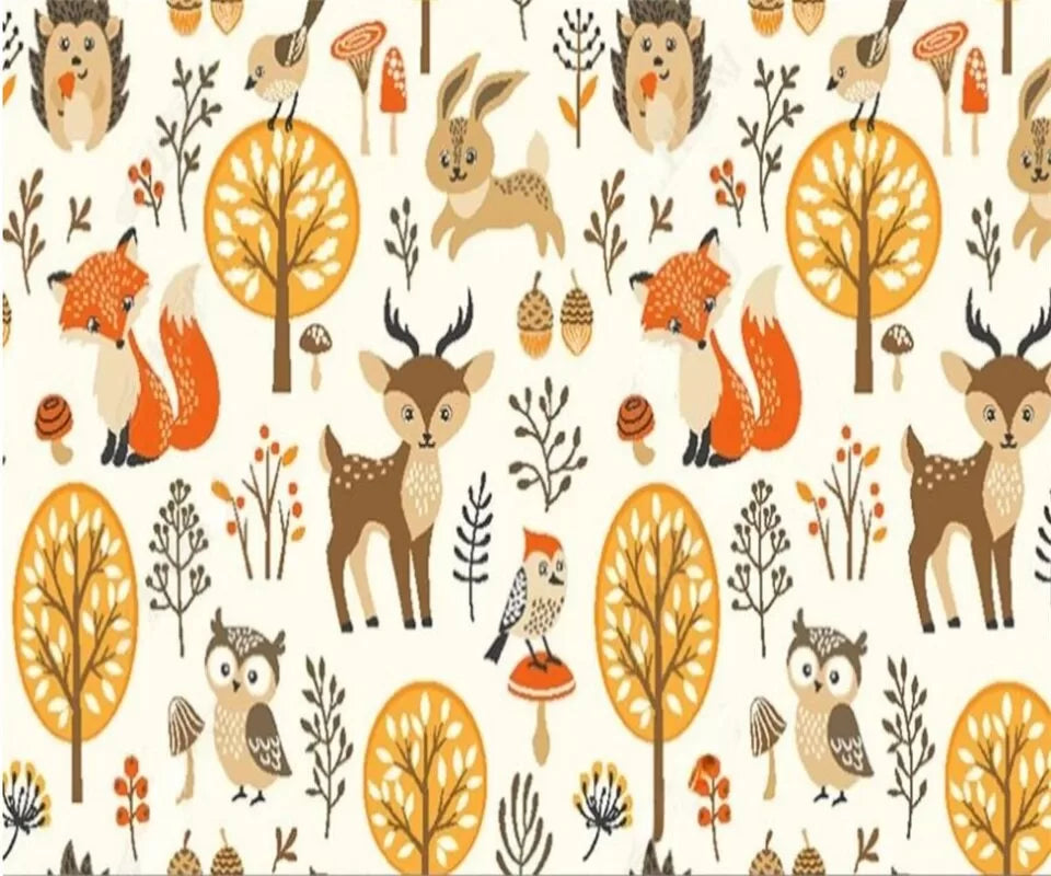 Child&#39;s wallpaper with deer, foxes, owls, and rabbits