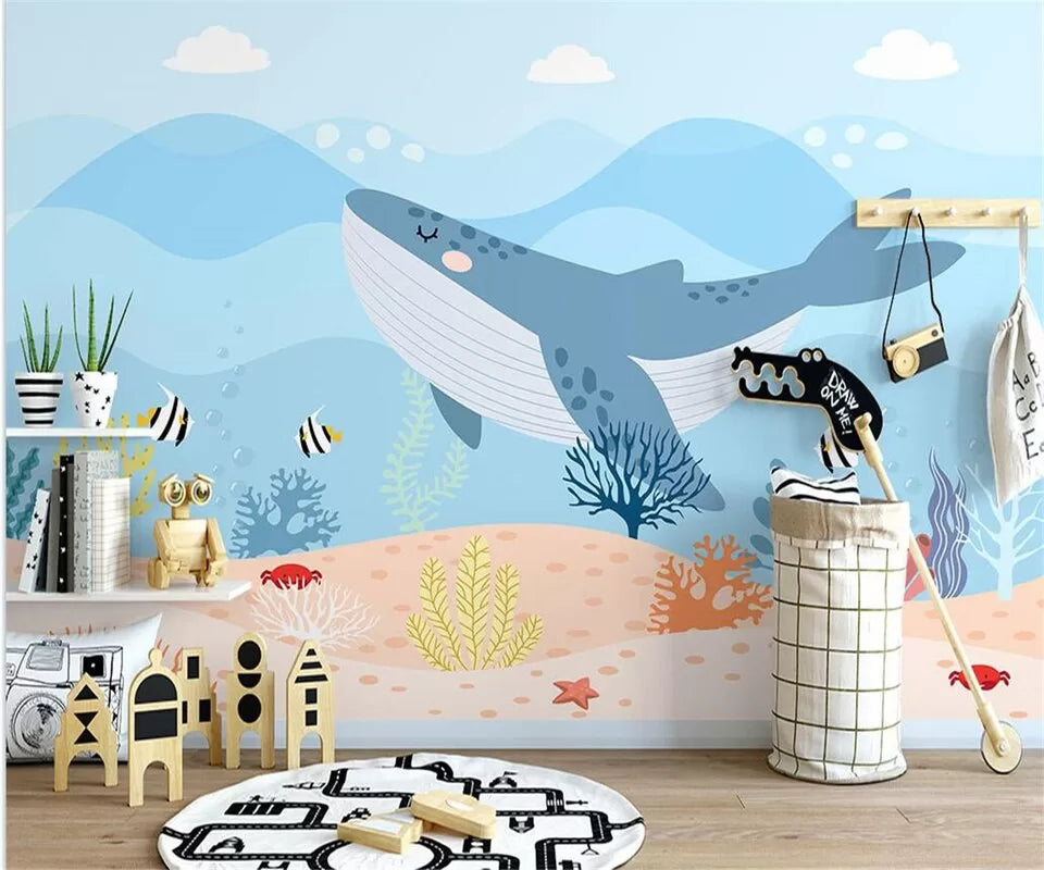 Child&#39;s wallpaper with a blue whale in the ocean