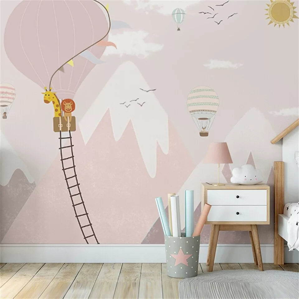 Child&#39;s wallpaper with hot air balloons and pink mountains