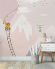 Child's wallpaper with hot air balloons and pink mountains