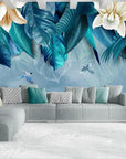 Floral wallpaper blue and beige design