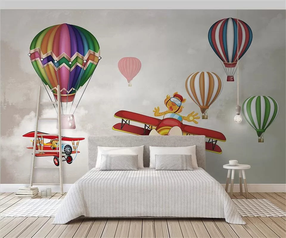 Child&#39;s wallpaper with colorful airplanes and clouds