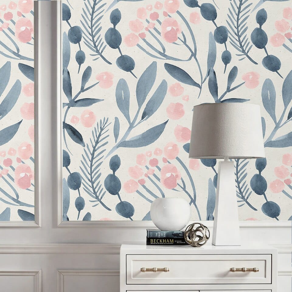 Floral wallpaper blue - pink and white