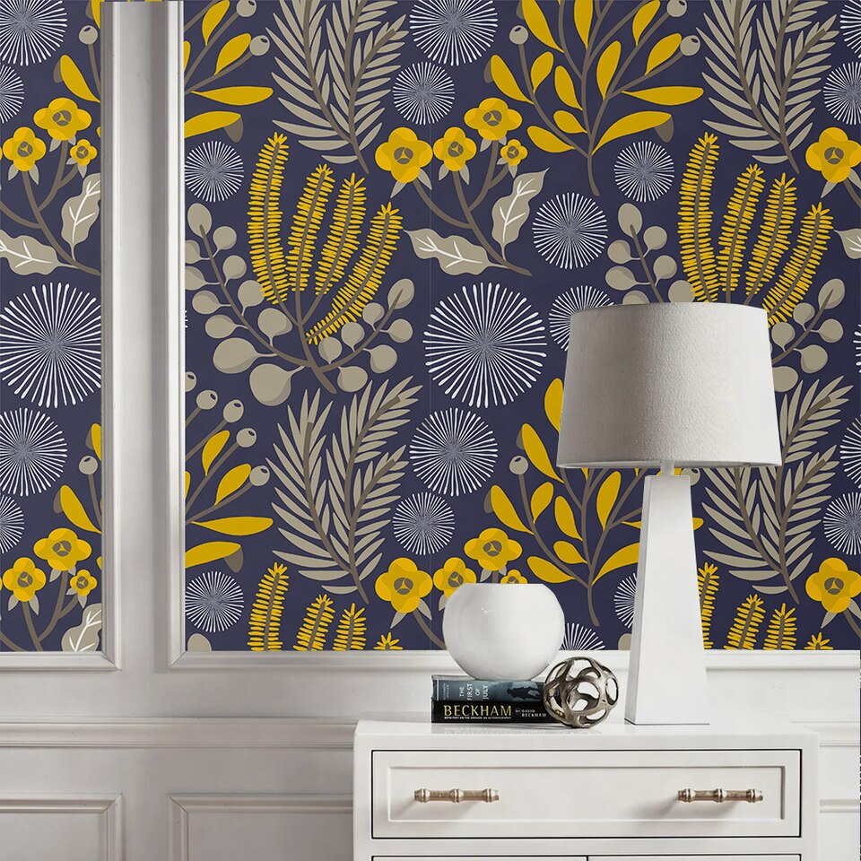 Blue and yellow modern floral wallpaper