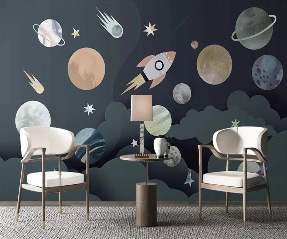 Child&#39;s wallpaper with planets and rockets