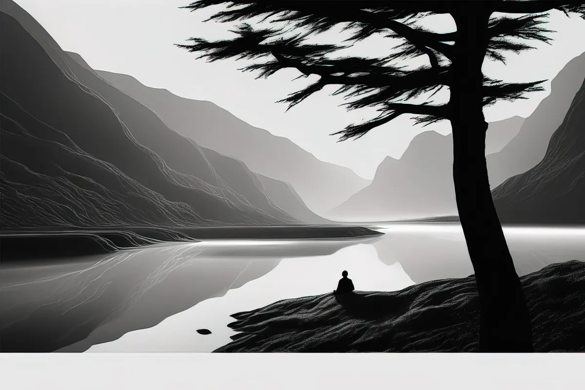 Panoramic black and white peaceful landscape wallpaper