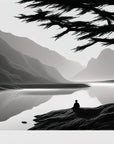 Panoramic black and white peaceful landscape wallpaper