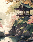 Étang et temple en papier peint japonais dans la forêt