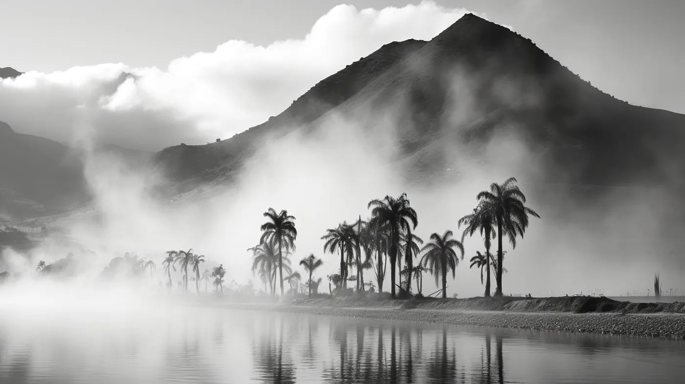 Black and white wallpaper coconut trees and mountains