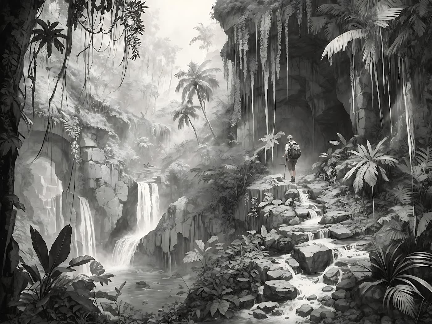 Black and white mountain and jungle wallpaper